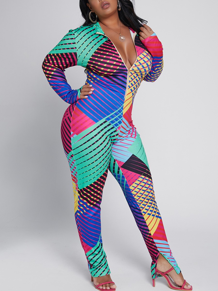 

Lovely Casual Print Zipper Design Multicolor Plus Size One-piece Jumpsuit, Multi