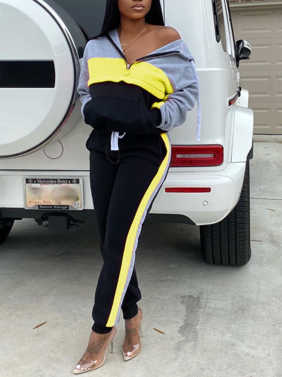 

Lovely Sportswear Patchwork Zipper Design Yellow Two Piece Pants Set