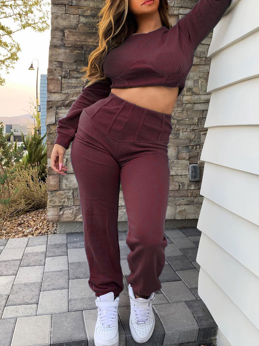 

Lovely Casual O Neck Basic Wine Red Two Piece Pants Set