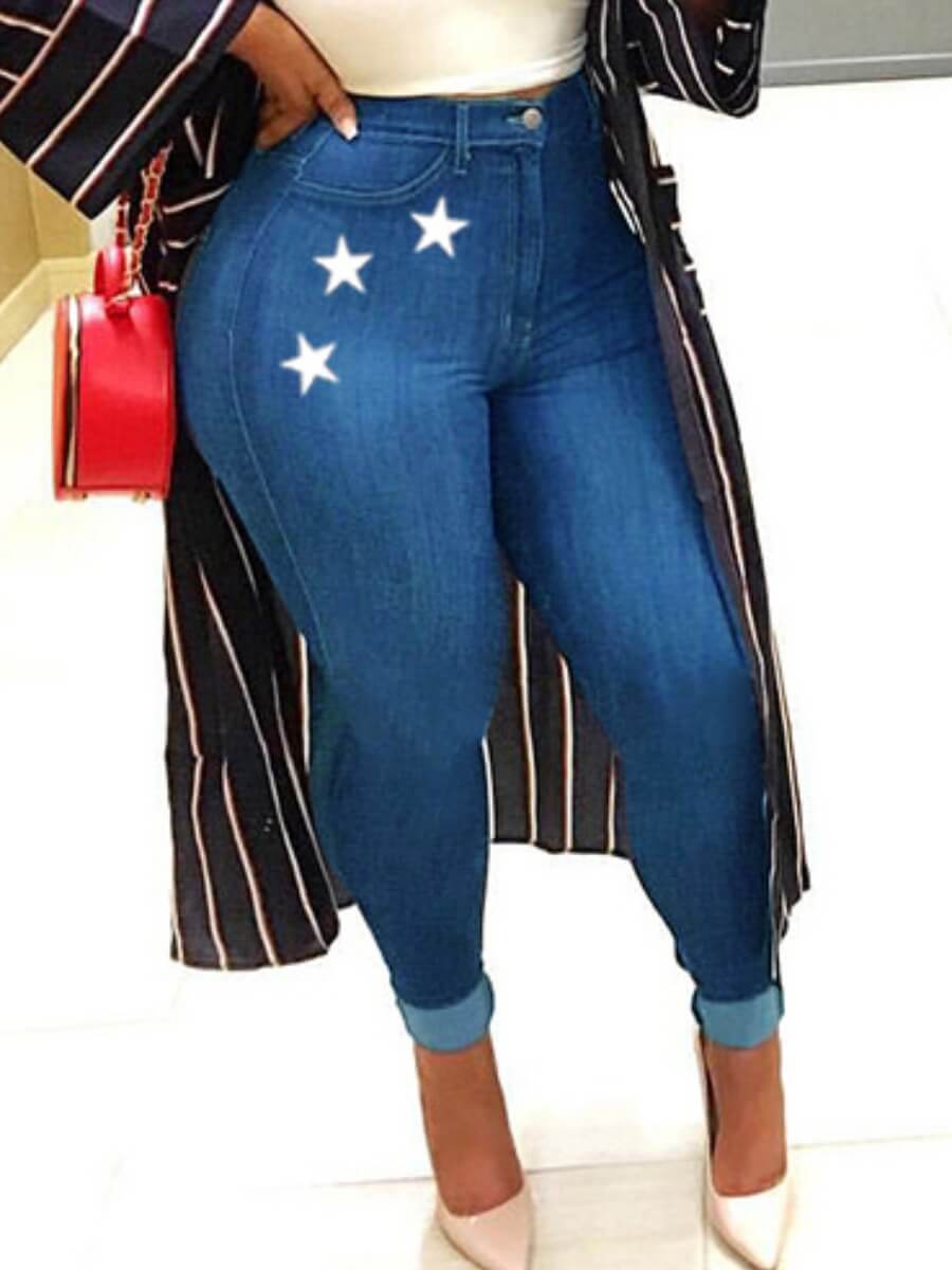 

Lovely Casual Pentagram Print Blue Jeans