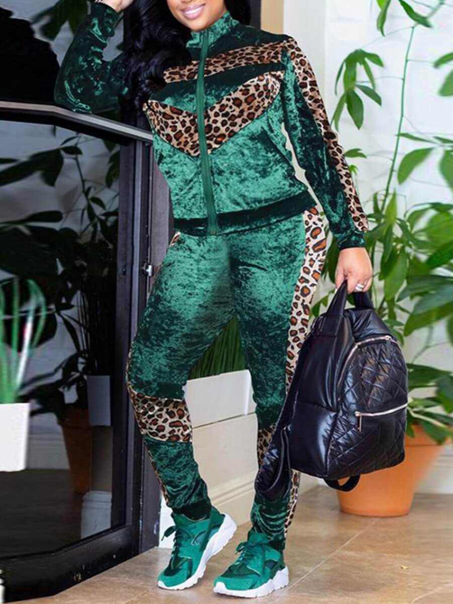 

Lovely Stylish Leopard Print Patchwork Green Two Piece Pants Set