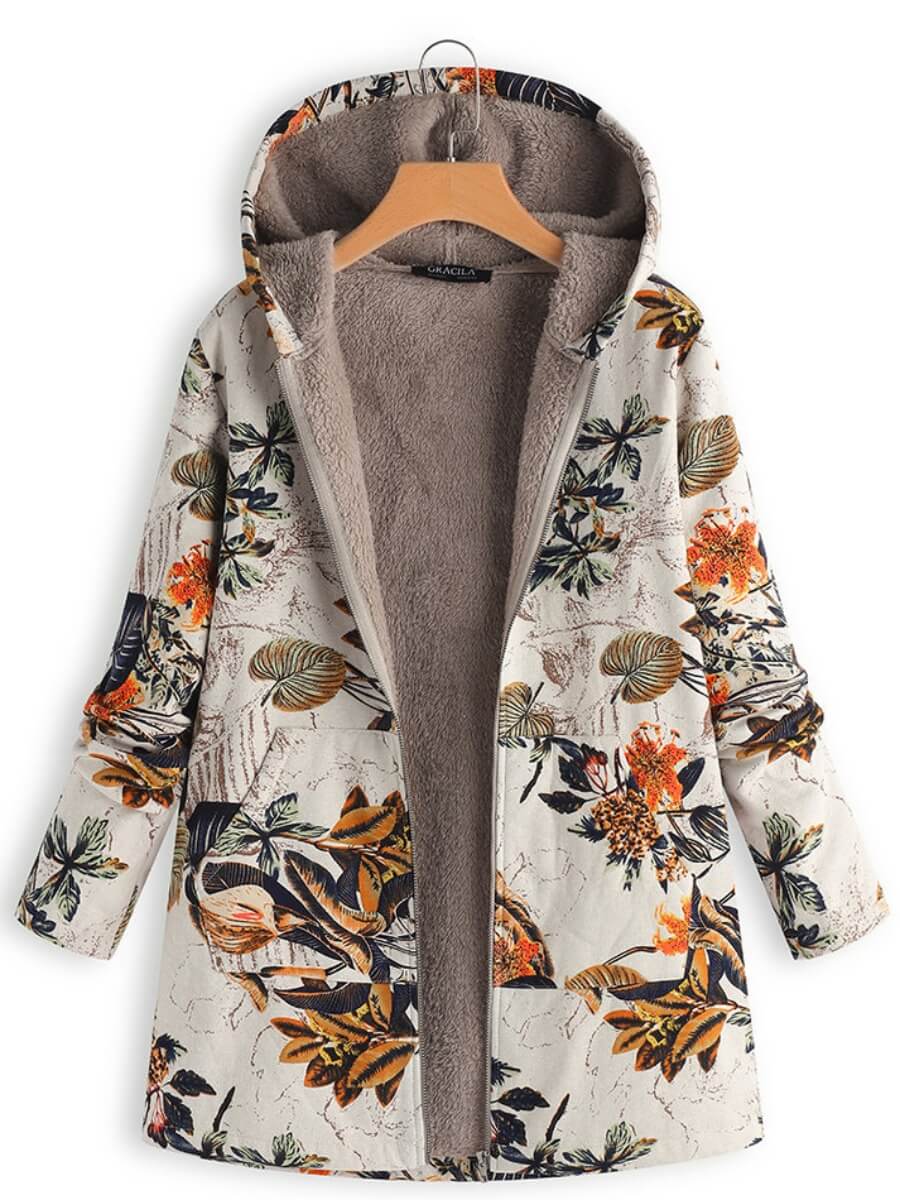 

Lovely Casual Hooded Collar Plants Print White Long Hoodie