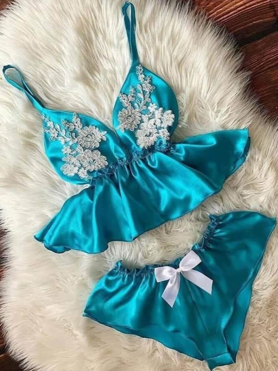 

Lovely Sexy Spaghetti Strap Lace Patchwork Blue Sleepwear