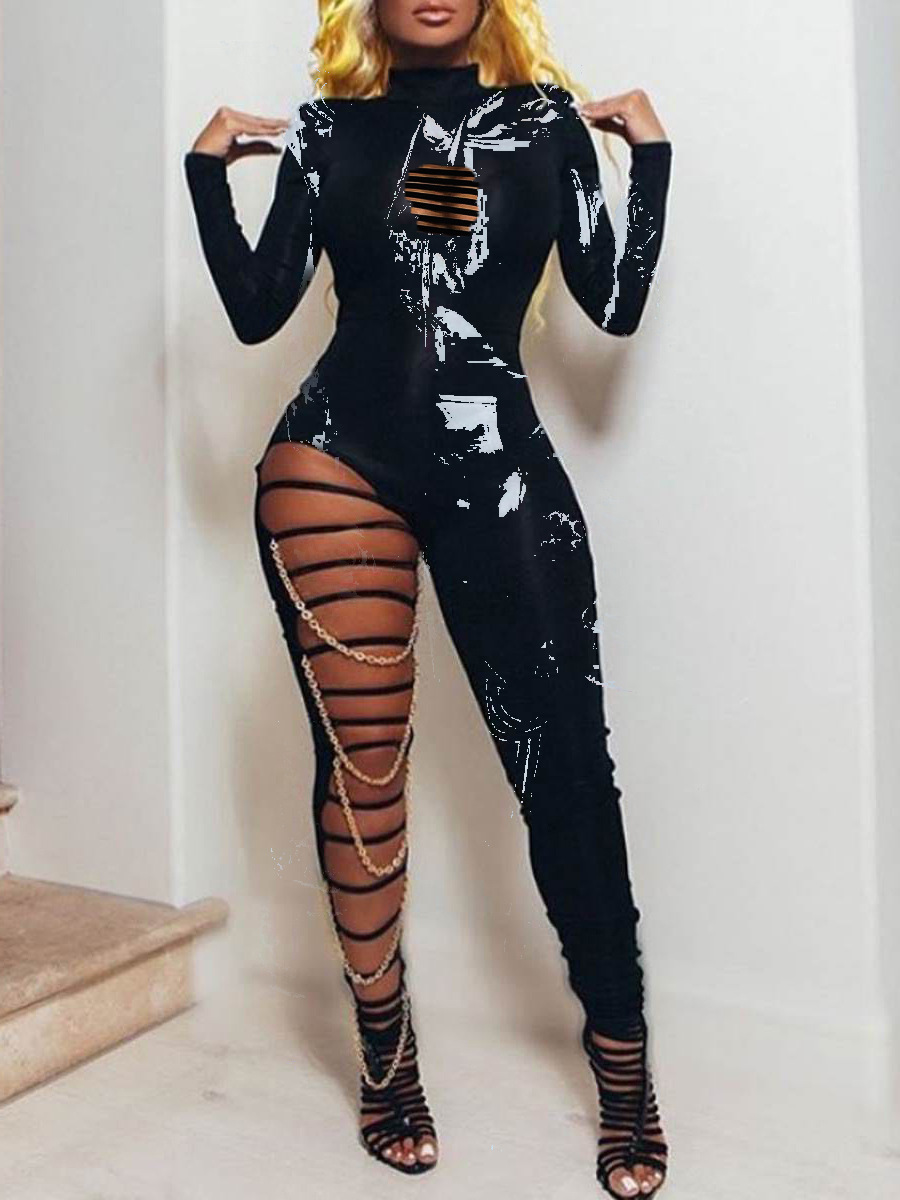 

lovely Trendy Print Hollow-out Black One-piece Jumpsuit