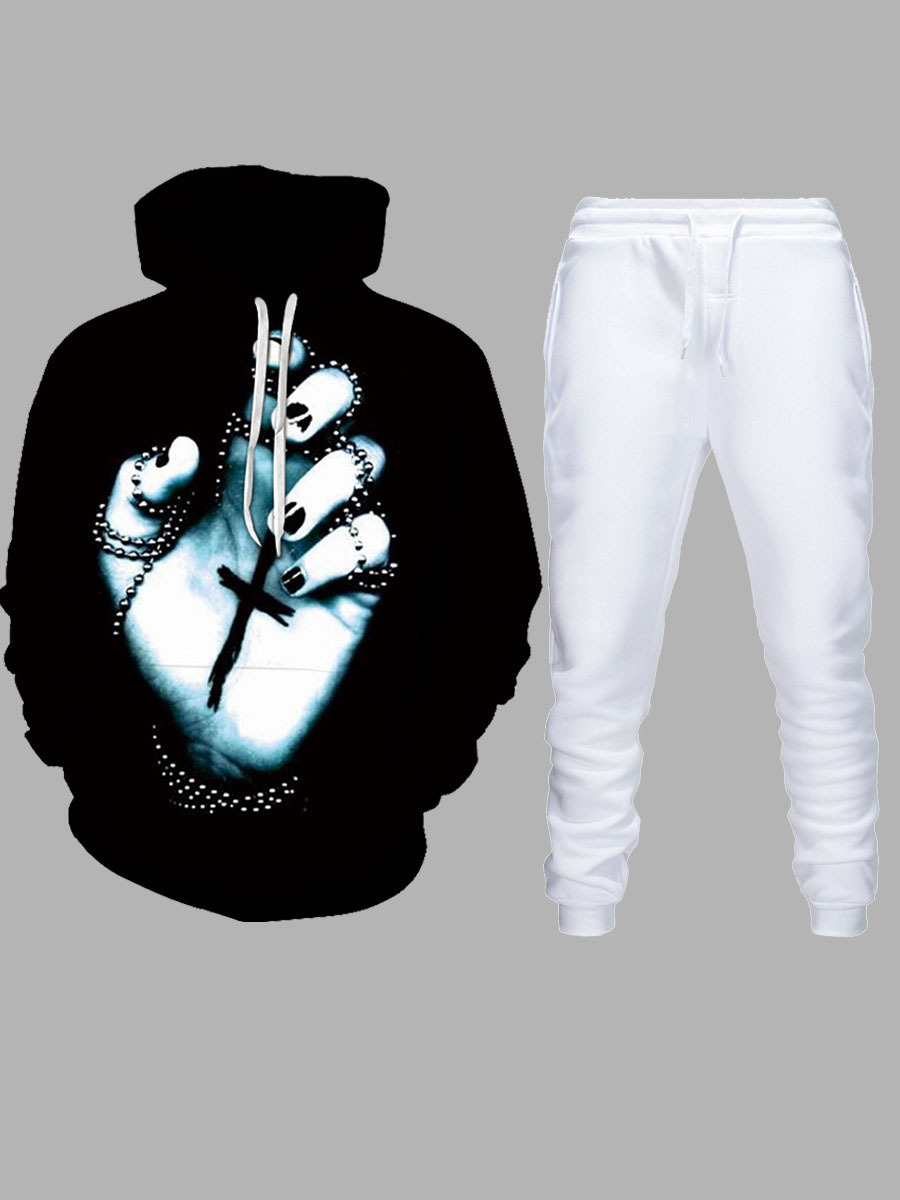 

lovely Trendy Hooded Collar Print Black Men Two-piece Pants Set