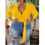 Lovely Casual V Neck Lace-up Yellow Blouse