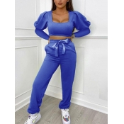 lovely Trendy Puffed Sleeves Blue Two Piece Pants 