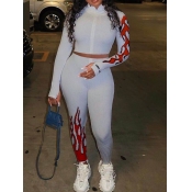 lovely Trendy Print Zipper Design White Two Piece 