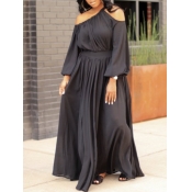 lovely Casual Fold Design Hollow-out Black Maxi Dr