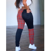 LW Trendy Grid Print Patchwork Red Pants