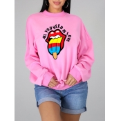 lovely Casual O Neck Lip Print Pink Hoodie