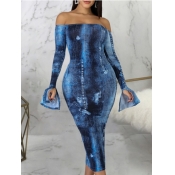 lovely Sexy Dew Shoulder Print Blue Mid Calf Dress