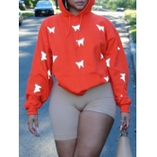 lovely Casual Hooded Collar Butterfly Print Red Ho
