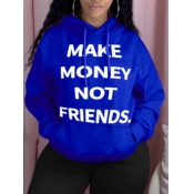 LW Plus Size Casual Hooded Collar Letter Print Blu