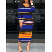 Lovely Casual U Neck Striped Blue Mid Calf Dress
