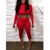 lovely Trendy Turtleneck Fold Design Red Two Piece