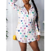 LW Trendy Turndown Collar Print White Mini Shirt D