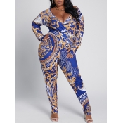 Lovely Stylish V Neck Versace Print Blue Plus Size