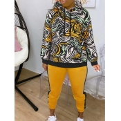 Lovely Trendy Hooded Collar Print Yellow Two Piece