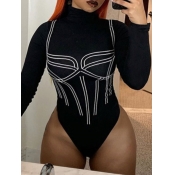 Lovely Sexy Turtleneck Print Black Bodysuit