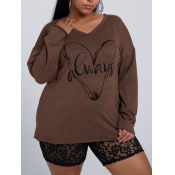 Lovely Casual V Neck Print Coffee Plus Size Hoodie