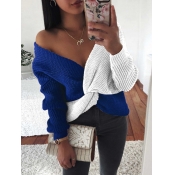 Lovely Trendy V Neck Knot Design Patchwork Blue Sw