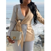 lovely Trendy Turn-back Collar Patchwork Light Gre