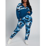 Lovely Casual Camo Print Patchwork Blue Plus Size 
