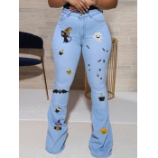 Lovely Casual Print Baby Blue Jeans