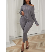 Lovely Casual O Neck Striped Grey Plus Size Two-pi