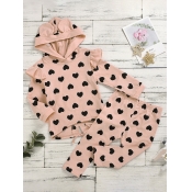Lovely Sweet Hooded Collar Heart Print Pink Girl T