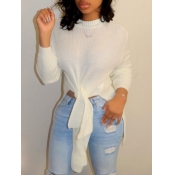 lovely Leisure O Neck Knot Design White Sweater