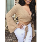 Lovely Sexy V Neck Lace-up Khaki Short Sweater