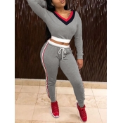 Lovely Leisure V Neck Patchwork Dark Grey Two Piec