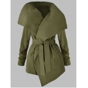 LW Casual Turndown Collar Lace-up Green Coat