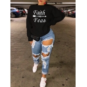 LW BASICS Plus Size Casual O Neck Letter Print Bla