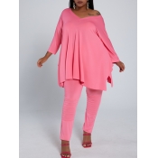 Lovely Casual V Neck Basic Pink Plus Size Two-piec
