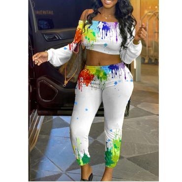 

LW Off The Shoulder Splash-ink Design Pants Set, White