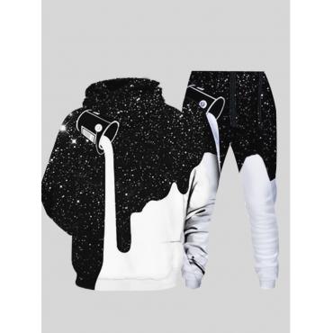 LW Men Street Hooded Collar Starry Sky Print Black Two-piece Pants Set