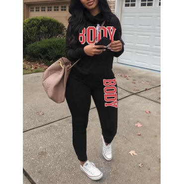 

LW Hooded Collar Letter Print Tracksuit Pants Set, Black