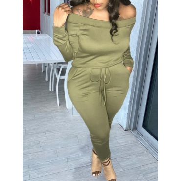 

LW Plus Size Off The Shoulder Drawstring Basic Pants Set, Green