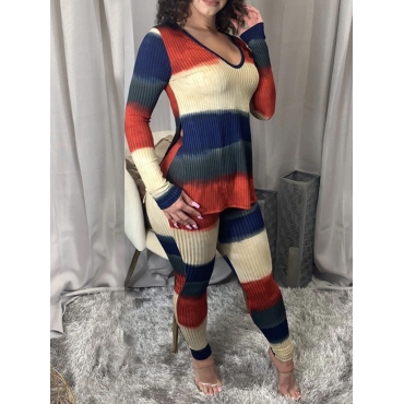 

LW Casual V Neck Striped Print Multicolor Two Piece Pants Set, Multi
