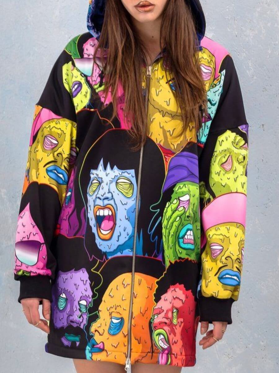 

Lovely Trendy Hooded Collar Cartoon Print Black Mini Dress