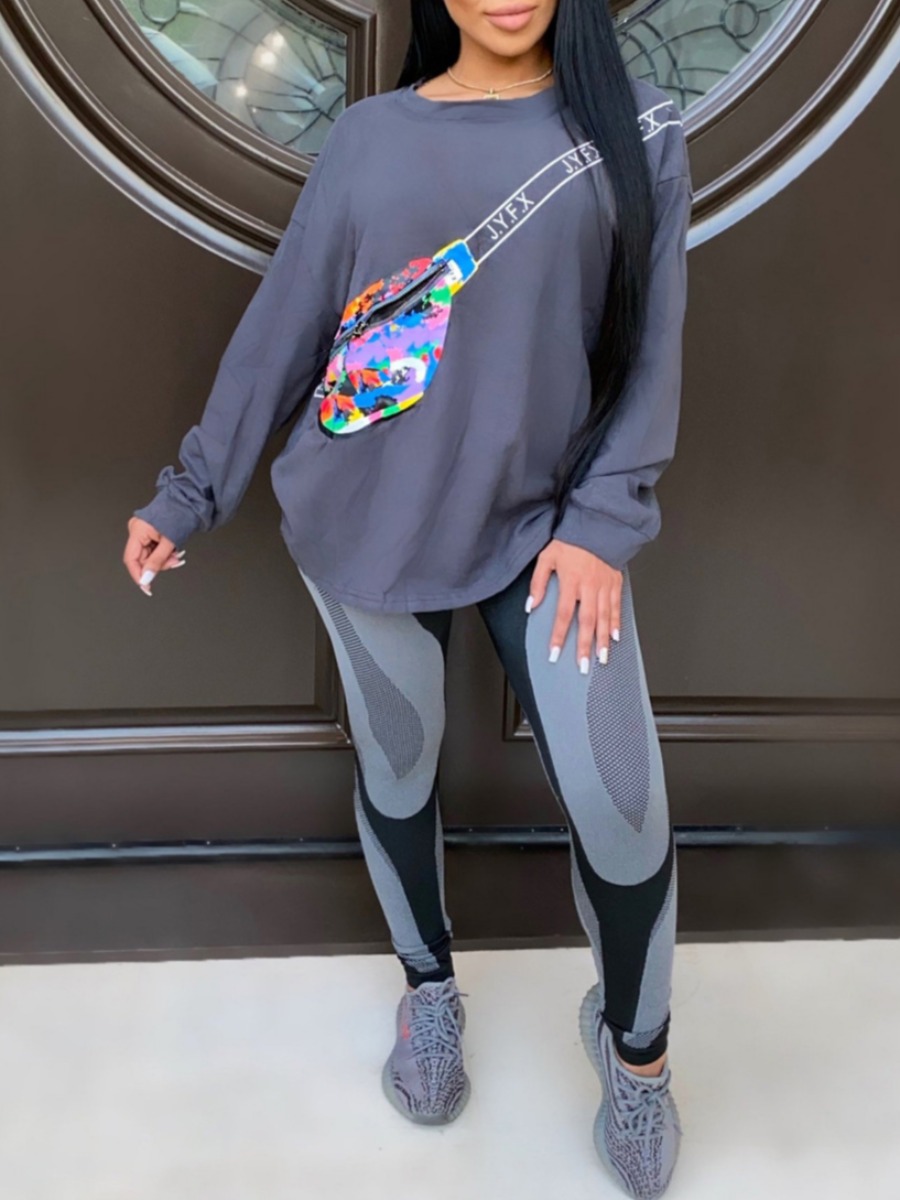 

Lovely Sportswear O Neck Patchwork Grey Two Piece Pants Set