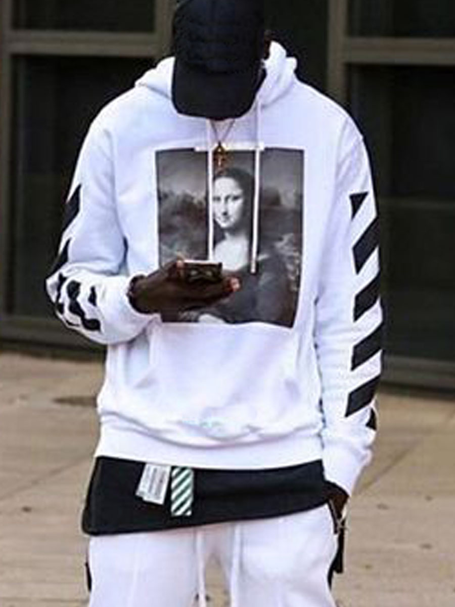

lovely Street Hooded Collar Print White Men Hoodie