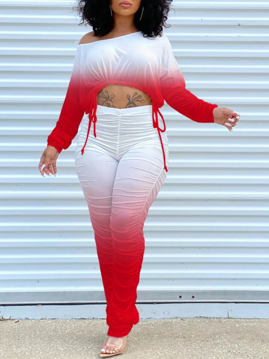 

Lovely Stylish Gradient Fold Design Red Two Piece Pants Set