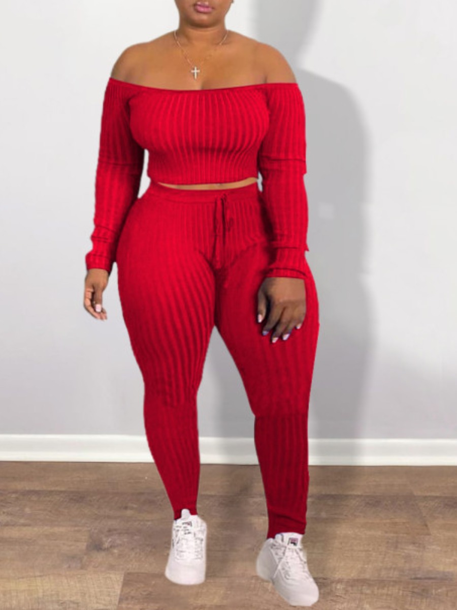 

Lovely Casual Dew Shoulder Skinny Red Plus Size Two-piece Pants Set
