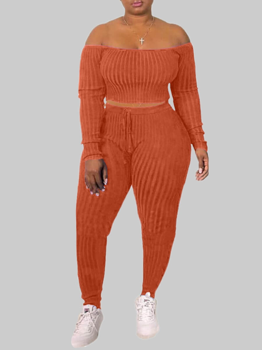 

Lovely Casual Dew Shoulder Skinny Croci Plus Size Two-piece Pants Set