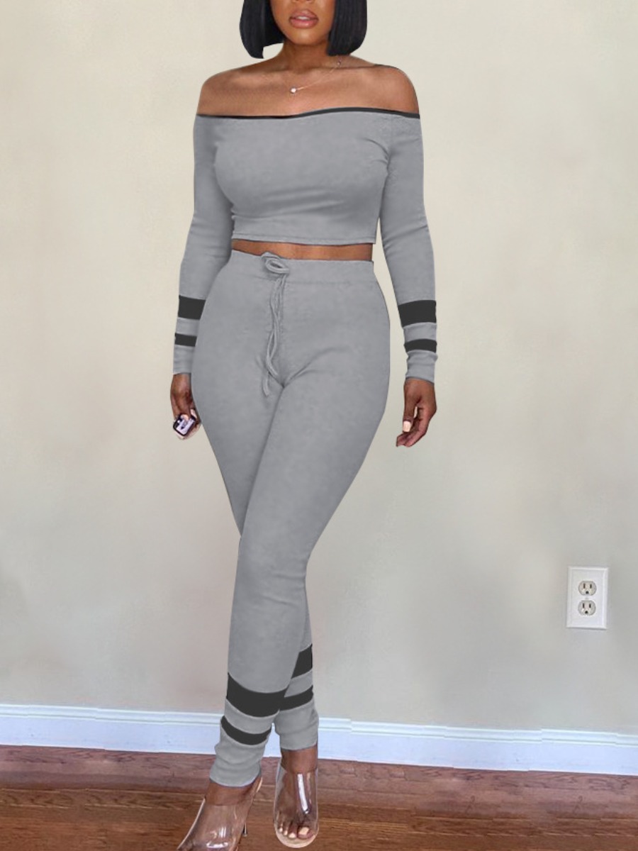 

lovely Casual Dew Shoulder Patchwork Grey Two Piece Pants Set