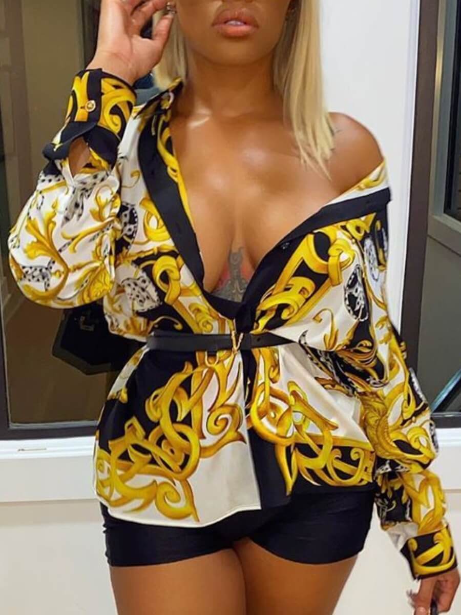 

Lovely Stylish Turndown Collar Print Patchwork Yellow Blouse